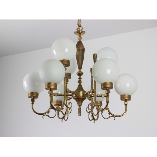 Mosiężny żyrandol ze szklanymi...